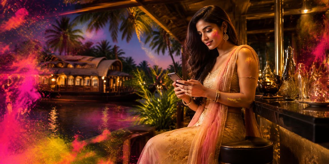 Holi festival celebration with cricket betting advertisement in Kerala