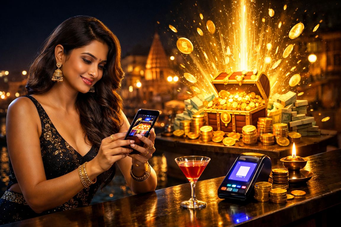 Varanasi ghat with mobile payment usage in India